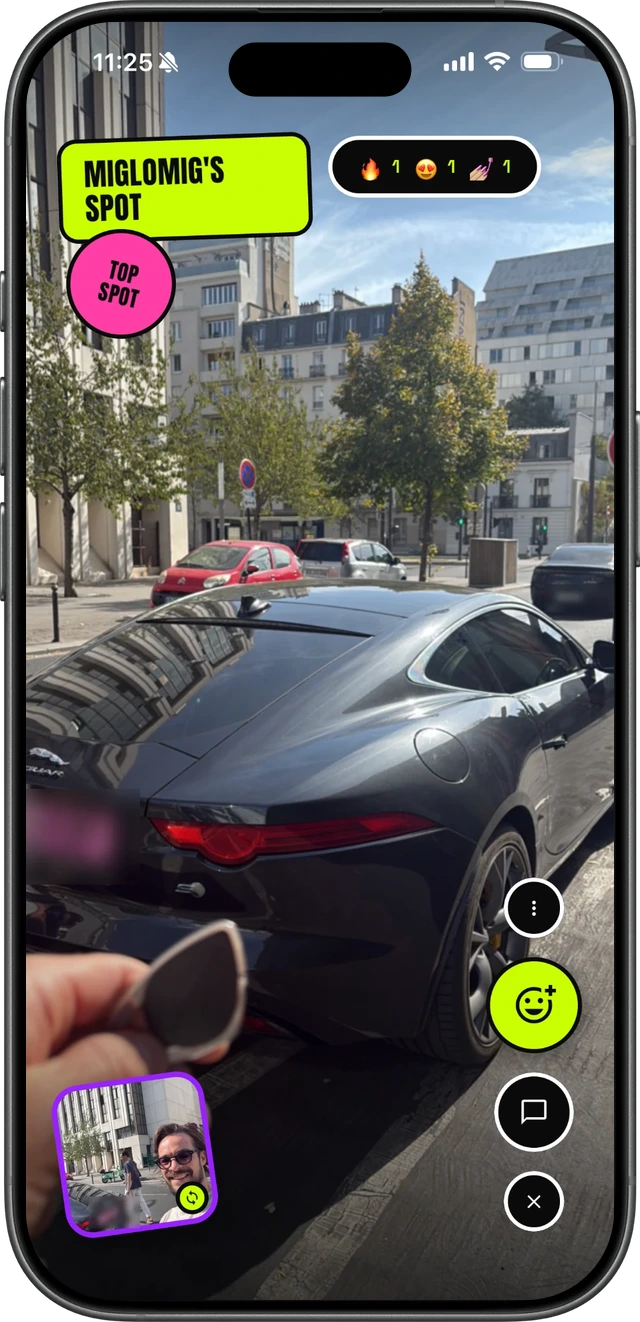 Spot a, a crew member's spot of the day, a car, with the five reactions open