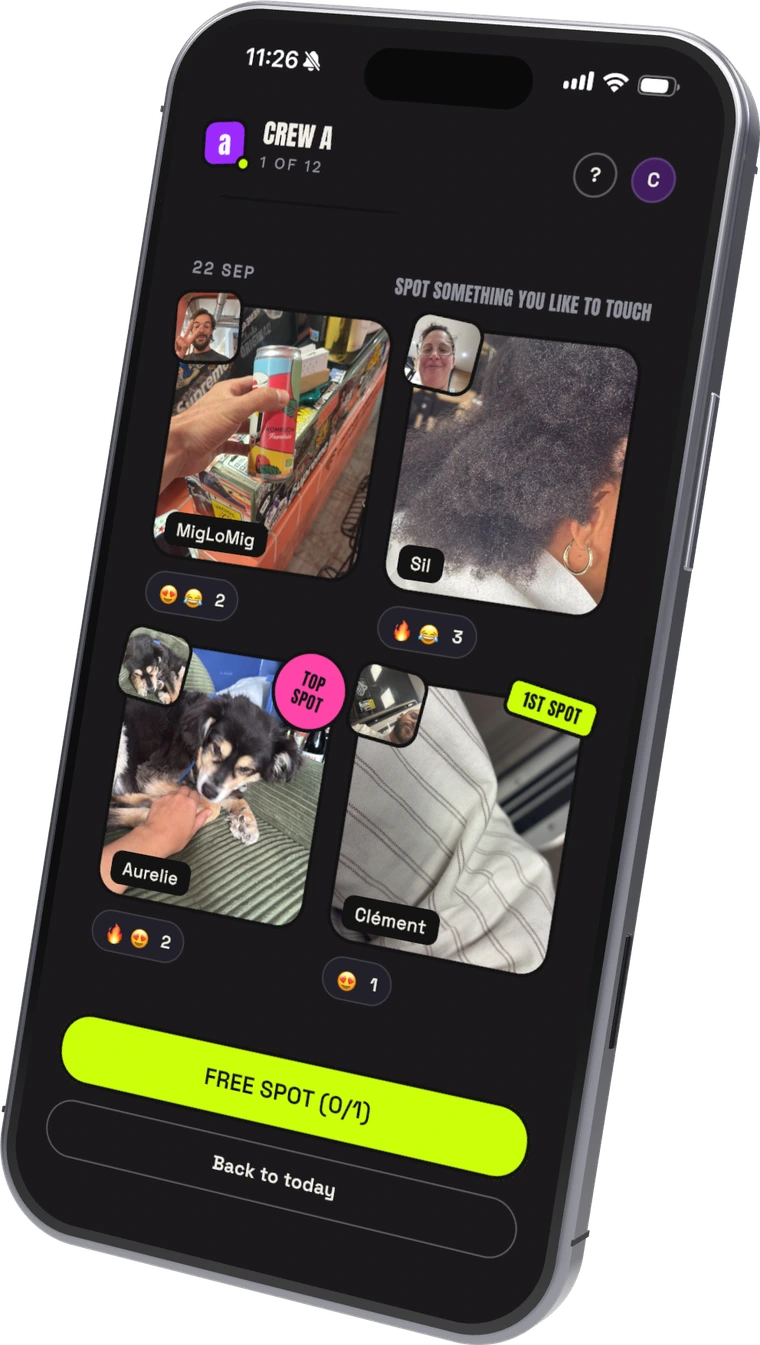 Spot a on an iPhone: the crew page of a day, each member's spot as a tile with its reactions